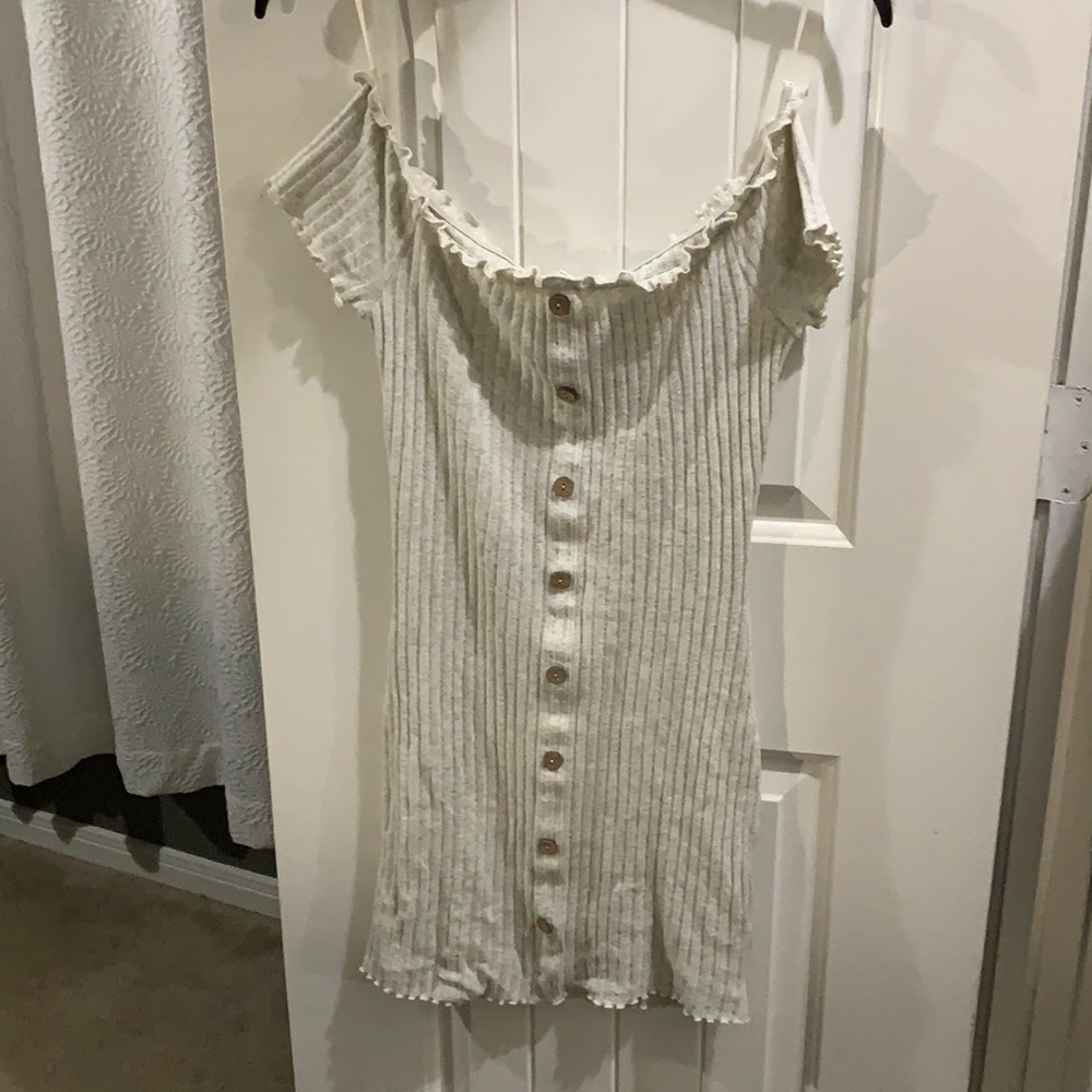 Cream colored off the shoulder dress